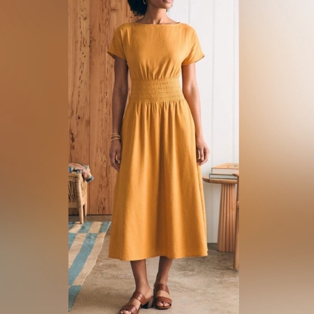 Faherty Mustard Yellow Short-Sleeve Midi Dress